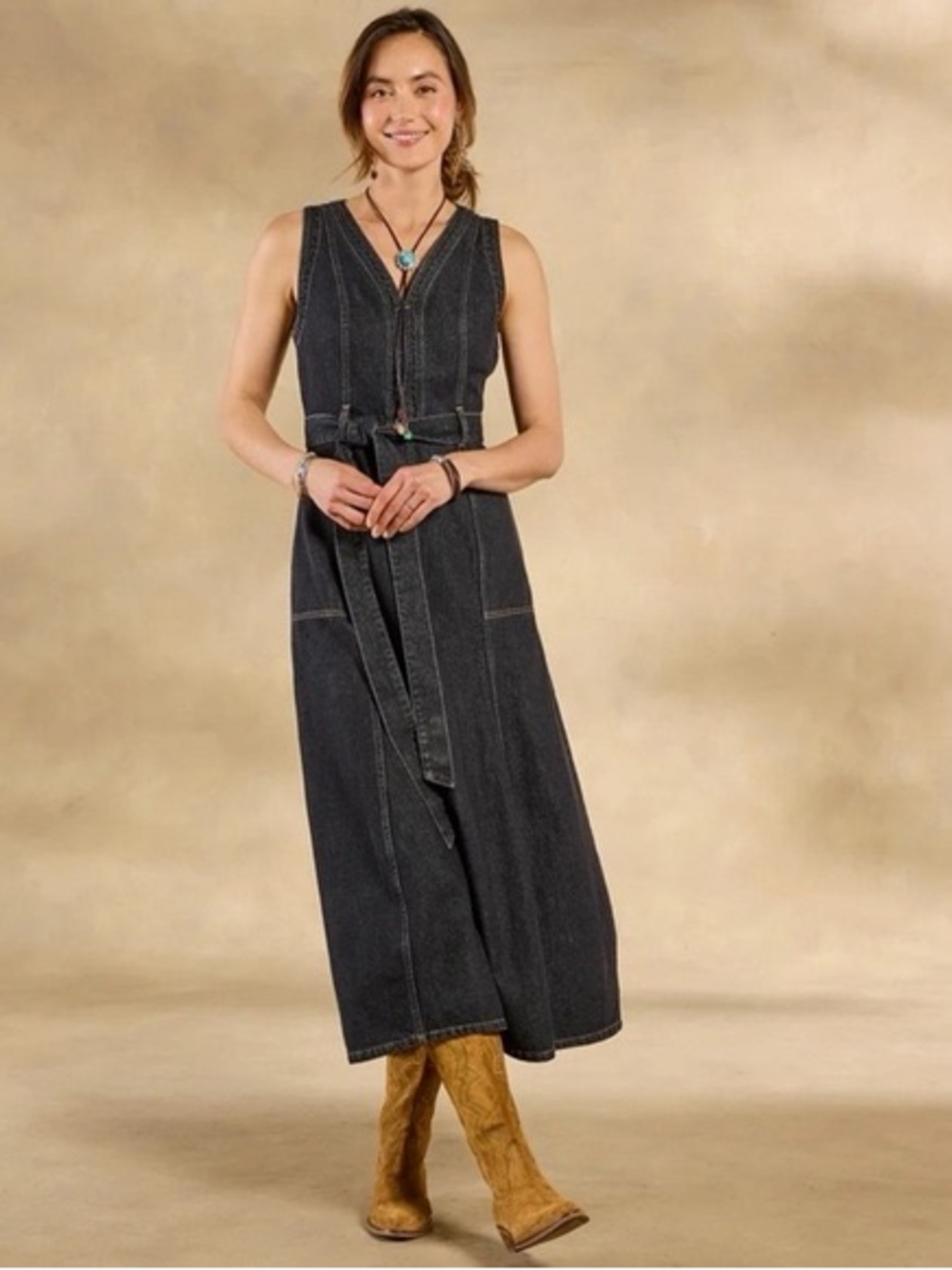 Sundance Poppy Denim Midi Dress Washed Black Belted V-Neck Pockets Size 12 NWT